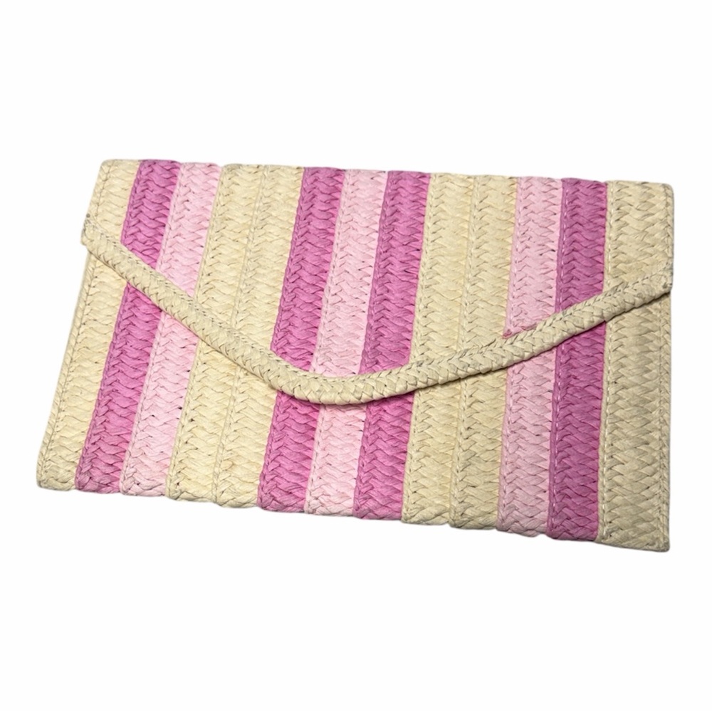 Shiraleah Woven Straw envelope Clutch, pink berry striped colorway NWT